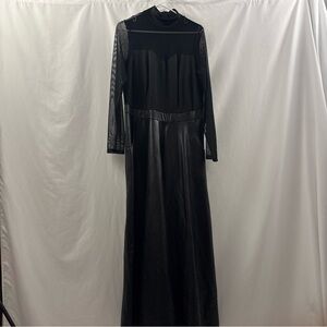 Ashley Stewart Black Faux Leather Long Sleeve Maxi 14/16 Dress Sheer Mock Neck
